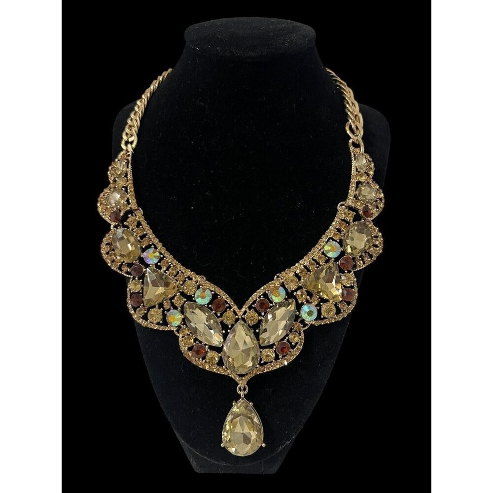 Gold Tone Statement Bib Pendant Necklace Brown Rhinestones Adjustable Chain Link